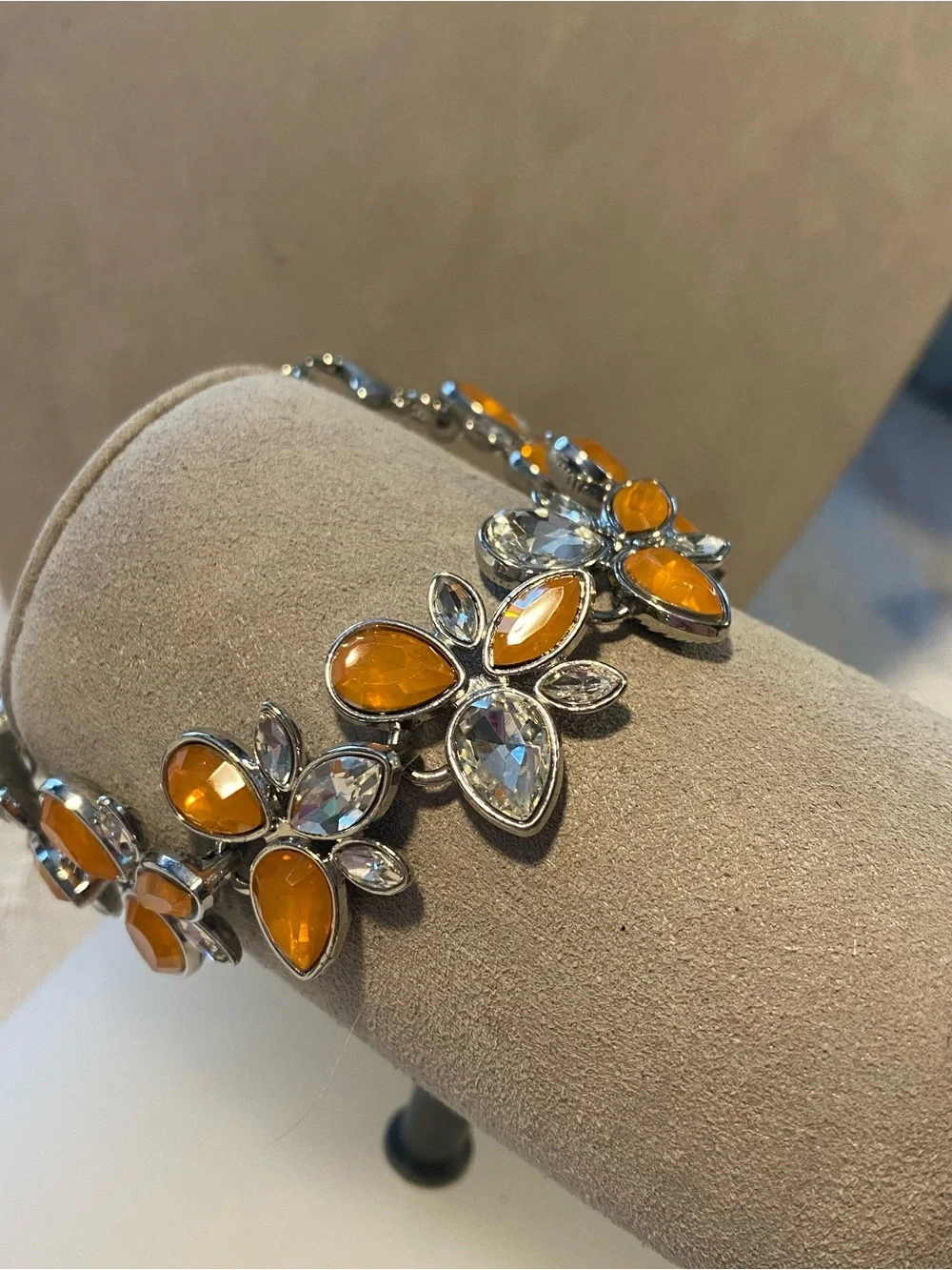 Crystal Floral Statement Necklace in Orange and Clear Sparkly Rhinestones